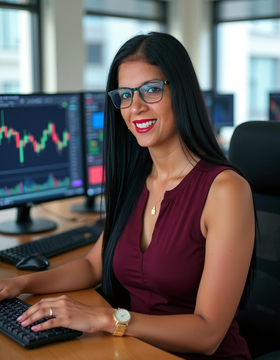 Mery Salazar frente a sus pantallas de trading